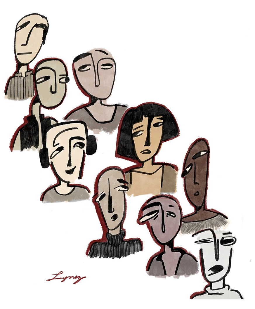 Ilustração minimalista de rostos diversos, representando o acolhimento de mulheres, população LGBTQIAP+, pessoas enlutadas, adolescentes, adultos e idosos.